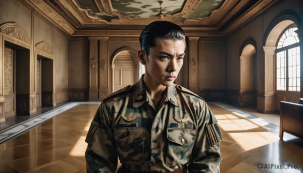 solo,short hair,black hair,1boy,jacket,upper body,male focus,indoors,uniform,black eyes,military,window,military uniform,sunlight,pocket,realistic,breast pocket,camouflage,soldier,church,camouflage jacket,looking at viewer,lips,serious,emblem,paradis military uniform,insignia,pilot