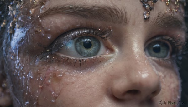 solo, looking at viewer, blue eyes, 1boy, closed mouth, male focus, water, eyelashes, portrait, close-up, reflection, realistic, eye focus