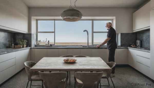 solo,short hair,shirt,1boy,standing,grey hair,male focus,food,pants,indoors,cup,black shirt,window,facial hair,chair,table,scenery,plate,wide shot,bread,old man,kitchen,photo background,sink,restaurant,day,from side,black pants,plant,beard,watch,wristwatch,potted plant,lamp,old,cooking,frying pan,ceiling light,stove,cutting board