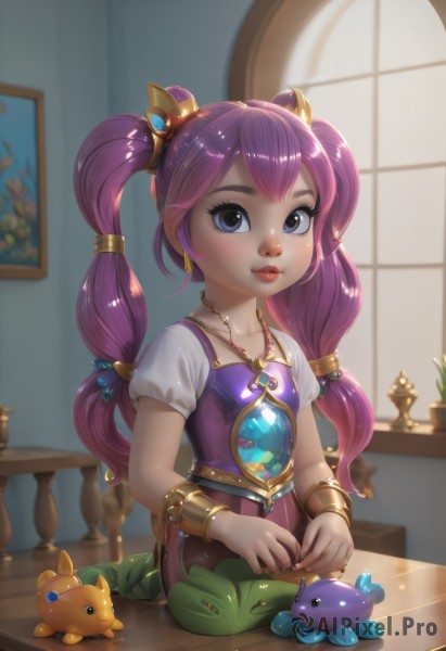 1girl,solo,long hair,looking at viewer,smile,blue eyes,hair ornament,dress,twintails,jewelry,purple eyes,collarbone,pink hair,purple hair,short sleeves,earrings,parted lips,puffy sleeves,shiny,indoors,necklace,blurry,bracelet,puffy short sleeves,lips,window,makeup,blurry background,table,plant,lipstick,gem,child,purple dress,potted plant,wooden table,upper body,artist name,leaf,watermark,stuffed toy,stuffed animal,aged down,web address