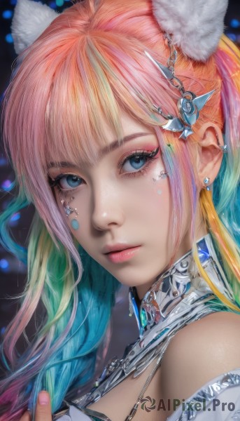 1girl,solo,long hair,looking at viewer,bangs,blue eyes,blonde hair,hair ornament,animal ears,bare shoulders,jewelry,closed mouth,blue hair,pink hair,multicolored hair,earrings,green hair,cat ears,nail polish,two-tone hair,lips,animal ear fluff,eyelashes,aqua hair,gradient hair,makeup,piercing,gem,ear piercing,portrait,pink nails,eyeshadow,realistic,nose,eyeliner,mascara,orange hair,fingernails,facial mark,close-up