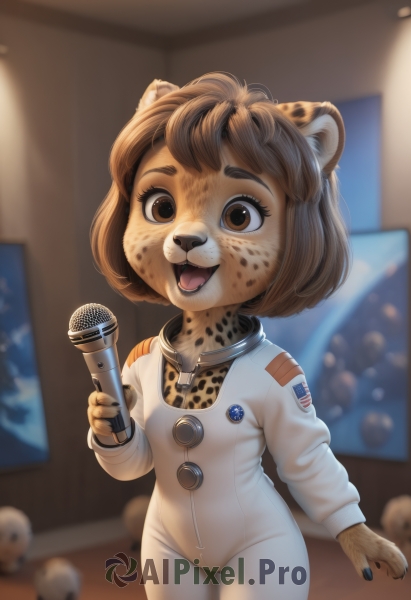 1girl,solo,looking at viewer,smile,short hair,open mouth,bangs,brown hair,long sleeves,holding,animal ears,brown eyes,standing,:d,cowboy shot,indoors,nail polish,blurry,depth of field,blurry background,thick eyebrows,child,microphone,furry,freckles,furry female,female child,holding microphone,badge,animal nose,spacesuit,breasts,bow,small breasts,teeth,artist name,bowtie,bodysuit,zipper,white bodysuit,bear ears,brown fur