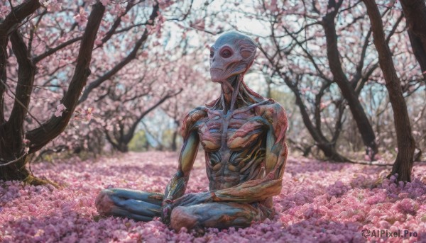 solo, 1boy, sitting, flower, male focus, outdoors, tree, cherry blossoms, realistic, indian style, flower field