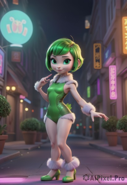 1girl,solo,breasts,looking at viewer,smile,short hair,bangs,hair ornament,bare shoulders,closed mouth,green eyes,standing,tail,full body,small breasts,outdoors,green hair,sky,shoes,artist name,blurry,high heels,leotard,wrist cuffs,fur trim,night,depth of field,blurry background,plant,pointing,building,night sky,fur collar,city,sign,potted plant,green footwear,green leotard,nail polish,antennae,neon lights