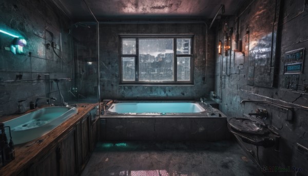 artist name,indoors,water,english text,no humans,window,watermark,fire,building,scenery,science fiction,tiles,cityscape,cable,bathroom,bathtub,tile wall,sink,rain,industrial pipe