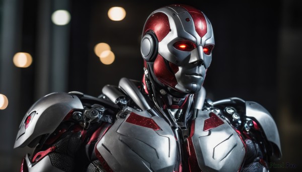 solo,red eyes,1boy,upper body,male focus,armor,blurry,blurry background,glowing,robot,glowing eyes,science fiction,realistic,android,cyborg,power armor,lights,humanoid robot,portrait