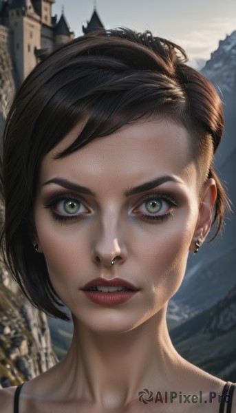 1girl,solo,looking at viewer,short hair,brown hair,black hair,jewelry,green eyes,collarbone,earrings,outdoors,parted lips,teeth,blurry,lips,eyelashes,makeup,piercing,ear piercing,portrait,freckles,realistic,nose,stud earrings,castle,mascara,necklace,close-up