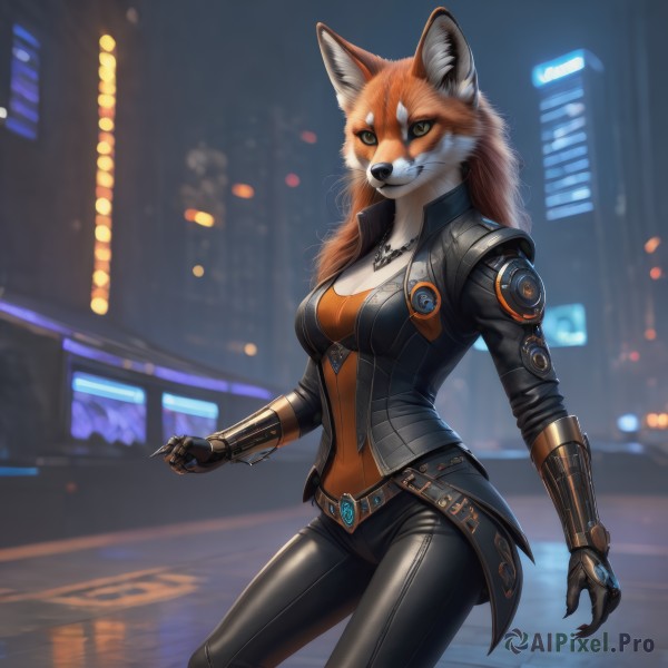 1girl,solo,long hair,breasts,looking at viewer,smile,brown hair,long sleeves,animal ears,cleavage,brown eyes,jewelry,medium breasts,standing,jacket,tail,yellow eyes,cowboy shot,outdoors,open clothes,belt,pants,artist name,necklace,orange hair,blurry,open jacket,black jacket,fox ears,night,depth of field,blurry background,fox tail,fangs,watermark,black pants,fox girl,gauntlets,building,gem,claws,furry,pendant,colored sclera,science fiction,city,furry female,mechanical arms,leather,single mechanical arm,fox,snout,city lights,cyberpunk,orange fur,green eyes,teeth,leather jacket,leather pants