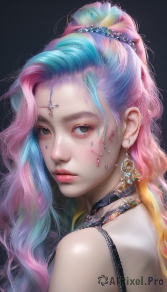 1girl,solo,long hair,looking at viewer,blonde hair,simple background,hair ornament,bare shoulders,jewelry,closed mouth,blue hair,upper body,ponytail,pink hair,multicolored hair,earrings,choker,looking back,necklace,black eyes,two-tone hair,lips,eyelashes,aqua hair,gradient hair,makeup,wavy hair,black choker,facial mark,piercing,cross,lipstick,black background,portrait,eyeshadow,freckles,realistic,nose,red lips,eyeliner,mascara,rainbow hair,brown eyes,artist name,star (symbol),grey eyes,expressionless,gem,pearl (gemstone)