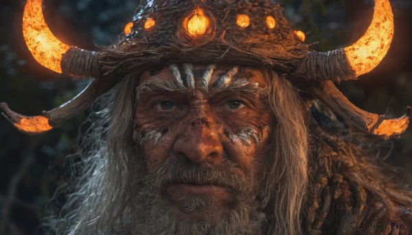 solo,long hair,looking at viewer,1boy,hat,closed mouth,white hair,grey hair,male focus,horns,blurry,grey eyes,blurry background,facial hair,moon,crescent,portrait,beard,realistic,fake horns,old,old man,black eyes