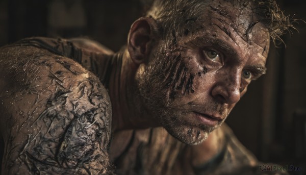 solo,looking at viewer,short hair,blonde hair,1boy,brown eyes,closed mouth,upper body,male focus,dark skin,blurry,tattoo,blurry background,facial hair,scar,dark-skinned male,portrait,beard,realistic,brown hair,muscular,tank top,very short hair,manly