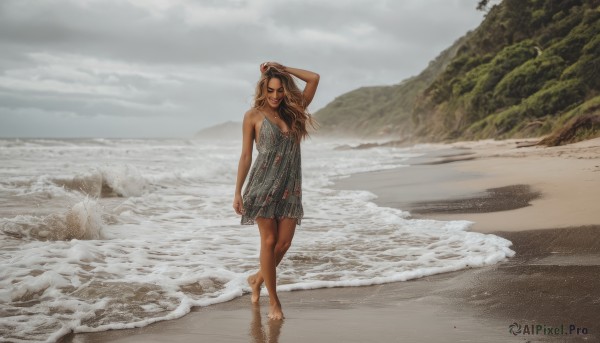 1girl,solo,long hair,brown hair,dress,bare shoulders,standing,full body,outdoors,sky,barefoot,sleeveless,day,cloud,dark skin,water,arm up,dark-skinned female,sleeveless dress,ocean,beach,short dress,cloudy sky,scenery,walking,realistic,sand,waves,shore,grey sky,footprints,breasts,blonde hair,cleavage,medium breasts,closed eyes,bare legs,nature,horizon,hand on own head