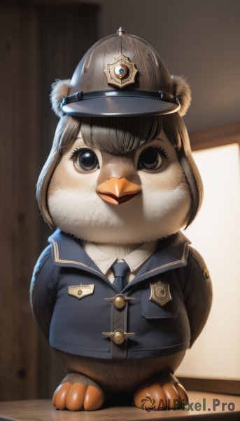 solo,looking at viewer,brown hair,shirt,hat,standing,jacket,full body,white shirt,necktie,collared shirt,indoors,blurry,uniform,black eyes,no humans,buttons,blurry background,bird,animal,arms behind back,blue jacket,black necktie,pocket,blue necktie,breast pocket,animal focus,badge,police,police uniform,duck,police hat,clothed animal,1girl,short hair,closed mouth,military,military uniform,helmet,realistic,penguin