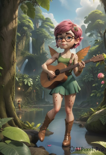 1girl,solo,breasts,looking at viewer,smile,short hair,bangs,blue eyes,multiple girls,skirt,shirt,hair ornament,dress,holding,2girls,bare shoulders,jewelry,closed mouth,standing,full body,pink hair,flower,red hair,pleated skirt,small breasts,boots,outdoors,wings,sky,glasses,sleeveless,solo focus,day,hairclip,artist name,cloud,signature,miniskirt,water,flat chest,bracelet,tree,blue sky,lips,bare arms,petals,swept bangs,leaf,watermark,brown footwear,sunlight,knee boots,tank top,grass,bug,plant,green skirt,instrument,nature,web address,forest,freckles,reflection,black-framed eyewear,green dress,light rays,nose,green shirt,music,fairy wings,guitar,fairy,mushroom,playing instrument,holding instrument,river,lake,pond,sleeveless dress,realistic