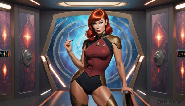 1girl,solo,long hair,breasts,looking at viewer,smile,bangs,thighhighs,brown eyes,medium breasts,standing,thighs,red hair,cowboy shot,shorts,sleeveless,hand up,medium hair,nail polish,orange hair,armor,leotard,lips,fingernails,makeup,swept bangs,glowing,black shorts,lipstick,shoulder armor,red shirt,black nails,index finger raised,science fiction,contrapposto,nose,red lips,space,planet,spacecraft,holographic interface,short hair,artist name,door