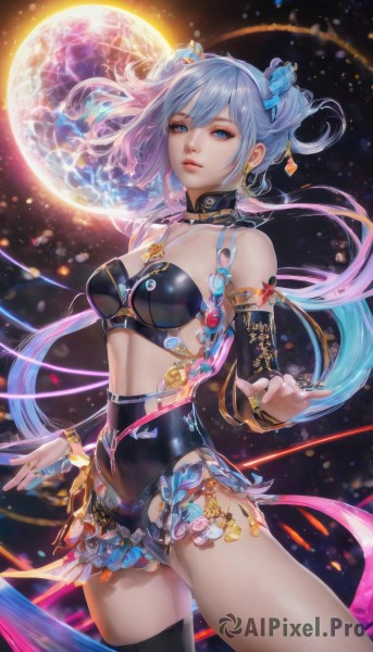 1girl,solo,long hair,breasts,looking at viewer,bangs,blue eyes,hair ornament,thighhighs,cleavage,bare shoulders,twintails,jewelry,medium breasts,underwear,blue hair,standing,multicolored hair,cowboy shot,hairband,earrings,parted lips,detached sleeves,choker,midriff,shiny,black thighhighs,necklace,nail polish,bracelet,leotard,lips,detached collar,floating hair,moon,ring,black bra,single thighhigh,realistic,nose,gloves,very long hair,closed mouth,swimsuit,pink hair,elbow gloves,artist name,bra,gradient hair,watermark,black leotard,full moon,planet