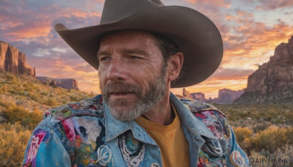 solo,blue eyes,shirt,black hair,1boy,hat,closed mouth,jacket,upper body,male focus,outdoors,one eye closed,open clothes,sky,cloud,black headwear,facial hair,cloudy sky,blue jacket,portrait,beard,sunset,yellow shirt,mountain,realistic,field,print shirt,old,badge,old man,cowboy hat,short hair,brown hair,blurry,lips,looking to the side,scar,blue shirt,scar on face,mustache,scar across eye,manly,cowboy western,denim jacket