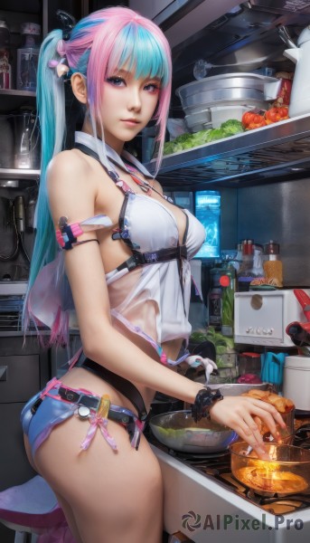 1girl,solo,long hair,breasts,looking at viewer,bangs,blue eyes,hair ornament,holding,cleavage,bare shoulders,twintails,jewelry,medium breasts,blue hair,standing,swimsuit,ponytail,pink hair,ass,bikini,multicolored hair,cowboy shot,earrings,small breasts,parted lips,food,shorts,belt,indoors,nail polish,bracelet,from side,two-tone hair,cup,lips,fingernails,see-through,short shorts,aqua hair,gradient hair,makeup,fruit,piercing,scrunchie,bottle,knife,plate,long fingernails,bowl,chopsticks,pink lips,stool,cooking,kitchen,jar,mascara,vegetable,counter,refrigerator,stove,cutting board,shirt,bow,closed mouth,hair bow,sidelocks,thighs,artist name,streaked hair,torn clothes,eyelashes,watermark,white bikini,fire,plant,pink bow,pink nails,realistic,apple,bikini under clothes,wrist scrunchie,arm strap,micro shorts,shelf,tomato,frying pan,pink scrunchie,kettle,onion