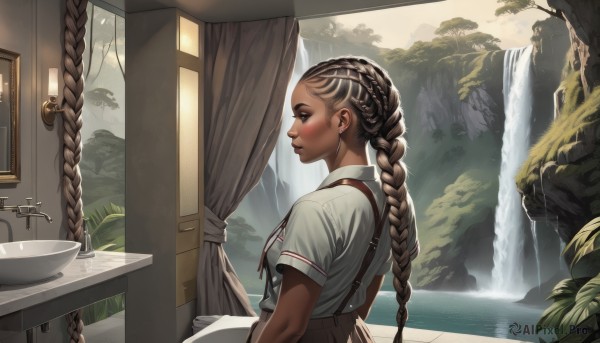 1girl,solo,long hair,skirt,brown hair,shirt,brown eyes,jewelry,very long hair,white shirt,upper body,braid,short sleeves,earrings,outdoors,day,indoors,dark skin,water,twin braids,from side,dark-skinned female,tree,lips,window,profile,table,sunlight,suspenders,plant,curtains,nature,forest,brown skirt,mirror,nose,door,suspender skirt,waterfall,sink,faucet,blush,ribbon,closed mouth,school uniform,multicolored hair,collared shirt,artist name,red ribbon,neck ribbon,makeup,looking away,piercing,ear piercing,scenery,bowl,braided ponytail,realistic,very dark skin,dreadlocks