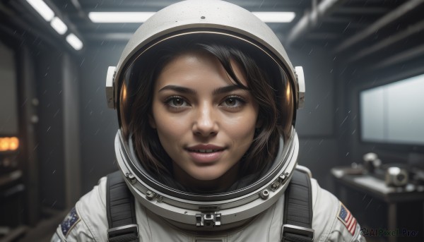 1girl,solo,looking at viewer,smile,brown hair,black hair,brown eyes,upper body,parted lips,indoors,blurry,lips,depth of field,blurry background,helmet,portrait,freckles,reflection,rain,realistic,american flag,spacesuit,astronaut,short hair,open mouth,teeth,close-up,science fiction,nose,spacecraft,space helmet