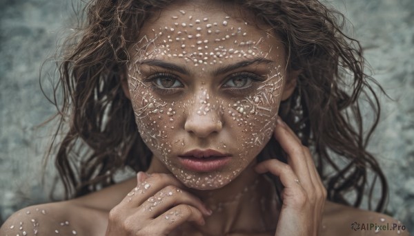 1girl,solo,long hair,looking at viewer,brown hair,brown eyes,closed mouth,collarbone,dark skin,blurry,dark-skinned female,lips,hands up,blurry background,messy hair,portrait,realistic,straight-on,bare shoulders,jewelry,eyelashes,close-up,freckles