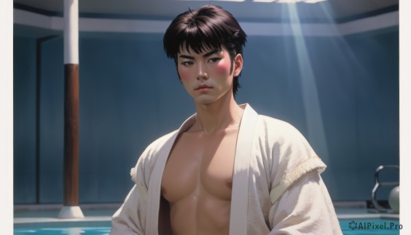 solo,looking at viewer,blush,short hair,bangs,brown hair,black hair,1boy,brown eyes,closed mouth,nipples,upper body,male focus,open clothes,indoors,water,lips,open shirt,muscular,abs,thick eyebrows,pectorals,muscular male,bara,large pectorals,realistic,nose,pool,bare pectorals,dougi,martial arts belt