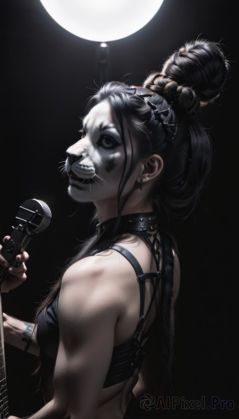 1girl,solo,long hair,breasts,smile,black hair,hair ornament,holding,bare shoulders,jewelry,upper body,earrings,teeth,choker,hair bun,nail polish,black eyes,collar,bracelet,from side,makeup,piercing,single hair bun,ring,feathers,lipstick,black background,instrument,ear piercing,black nails,microphone,nose,music,guitar,facepaint,holding microphone,holding instrument,microphone stand,black lips,lip piercing,double bun,tattoo,muscular,facial mark,spotlight