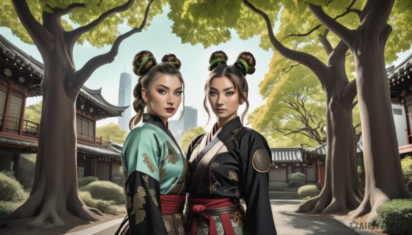 breasts,looking at viewer,multiple girls,brown hair,black hair,hair ornament,long sleeves,2girls,brown eyes,closed mouth,upper body,braid,outdoors,sky,day,hair bun,tree,lips,sash,double bun,makeup,chinese clothes,building,red lips,architecture,east asian architecture,korean clothes,parted lips,japanese clothes,kimono,lipstick,realistic