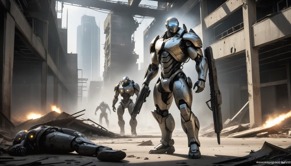 HQ,holding,standing,weapon,lying,multiple boys,2boys,holding weapon,armor,gun,glowing,watermark,3boys,helmet,fire,robot,building,holding gun,mecha,web address,rifle,science fiction,shield,city,realistic,assault rifle,arm cannon,ruins,multiple others,damaged,power armor,soldier,bullpup,corpse,power suit,signature,no humans,ground vehicle,glowing eyes