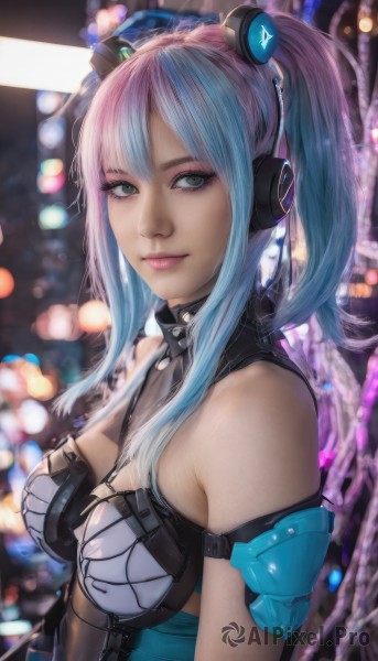 1girl,solo,long hair,breasts,looking at viewer,smile,bangs,blue eyes,hair ornament,cleavage,bare shoulders,twintails,medium breasts,closed mouth,blue hair,upper body,pink hair,sidelocks,multicolored hair,artist name,blurry,from side,two-tone hair,lips,grey eyes,makeup,depth of field,blurry background,headphones,realistic,nose,ponytail,signature,armor,eyelashes,headgear,eyeshadow,science fiction,pink lips,eyeliner,bokeh,mascara,cyberpunk