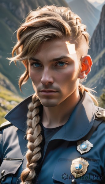 1girl,solo,long hair,looking at viewer,blue eyes,blonde hair,closed mouth,jacket,upper body,braid,outdoors,day,artist name,blurry,uniform,lips,single braid,depth of field,blurry background,facial hair,blue jacket,portrait,hair over shoulder,freckles,pocket,mountain,realistic,nose,badge,denim jacket,bangs,shirt,open clothes,military,military uniform,sunlight,backlighting,asymmetrical hair,emblem,police,police uniform,patch