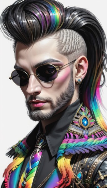 solo,long hair,looking at viewer,simple background,shirt,black hair,1boy,white background,jewelry,closed mouth,upper body,ponytail,male focus,multicolored hair,earrings,necktie,glasses,collared shirt,black eyes,lips,streaked hair,black shirt,makeup,facial hair,piercing,sunglasses,feathers,brooch,gem,portrait,beard,black-framed eyewear,nose,mustache,stud earrings,rainbow hair,jacket,grey hair,black jacket,formal,round eyewear