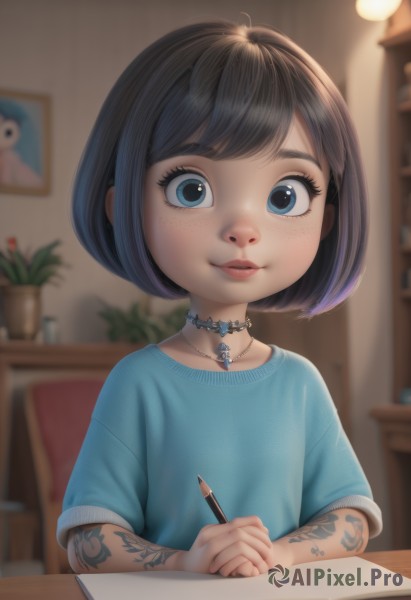 1girl,solo,looking at viewer,smile,short hair,bangs,blue eyes,shirt,black hair,holding,jewelry,upper body,short sleeves,parted lips,choker,artist name,indoors,necklace,blurry,lips,book,eyelashes,tattoo,depth of field,blurry background,chair,table,bob cut,blue shirt,plant,child,freckles,nose,bookshelf,pen,female child,potted plant,arm tattoo,shoulder tattoo,pencil,sitting,swept bangs,own hands together,lamp,holding pencil,desk lamp