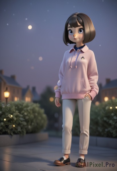 1girl,solo,smile,short hair,bangs,blue eyes,brown hair,shirt,long sleeves,closed mouth,standing,full body,outdoors,sky,shoes,collared shirt,pants,artist name,hood,black footwear,blurry,sweater,lips,hoodie,night,blurry background,brown footwear,moon,bob cut,building,child,star (sky),night sky,full moon,hand in pocket,white pants,drawstring,female child,bush,lamppost,pink hoodie,black hair,socks