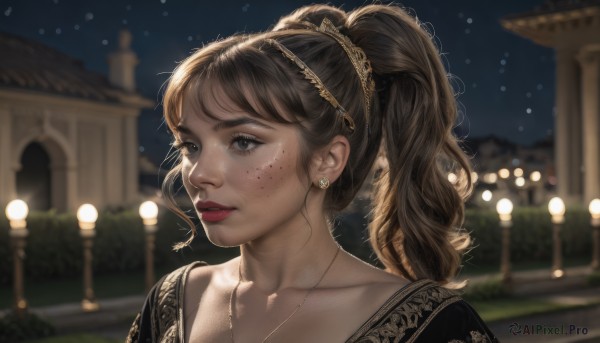 1girl,solo,long hair,bangs,brown hair,hair ornament,jewelry,collarbone,ponytail,earrings,outdoors,parted lips,sky,necklace,blurry,black eyes,lips,makeup,night,depth of field,blurry background,looking away,lipstick,portrait,night sky,freckles,realistic,nose,red lips,lamppost,black hair,dress,upper body,teeth,eyelashes,bokeh