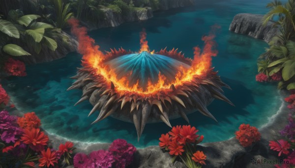 The wonder of a monster in a peaceful fiery outdoors