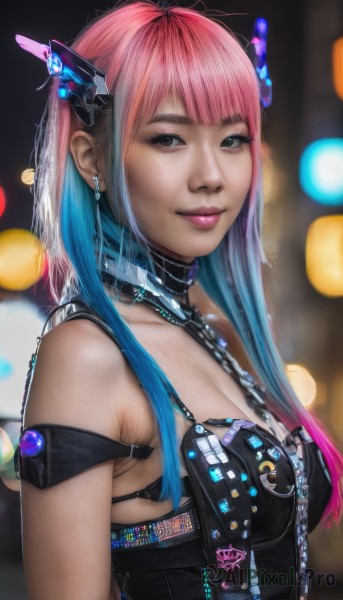 1girl,solo,long hair,breasts,looking at viewer,smile,bangs,cleavage,bare shoulders,jewelry,medium breasts,closed mouth,blue hair,upper body,pink hair,multicolored hair,earrings,small breasts,choker,blurry,black eyes,two-tone hair,lips,gradient hair,makeup,depth of field,blurry background,headgear,science fiction,realistic,nose,underwear,bra,cyberpunk