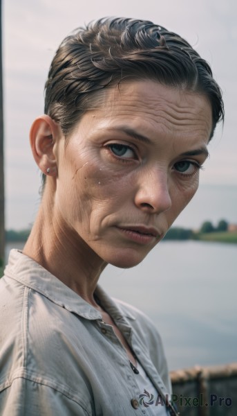 1girl,solo,looking at viewer,short hair,brown hair,shirt,black hair,jewelry,closed mouth,white shirt,upper body,earrings,outdoors,parted lips,collared shirt,blurry,black eyes,lips,grey eyes,buttons,blurry background,portrait,freckles,veins,realistic,nose,old,wrinkled skin,1boy,male focus,sky,necklace