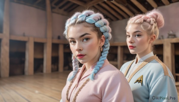 looking at viewer,multiple girls,blonde hair,brown hair,hair ornament,2girls,brown eyes,jewelry,closed mouth,blue hair,upper body,braid,multicolored hair,earrings,japanese clothes,indoors,kimono,necklace,hair bun,blurry,twin braids,two-tone hair,lips,makeup,blurry background,siblings,single hair bun,lipstick,sisters,freckles,realistic,nose,red lips,updo,korean clothes,multiple braids,hanbok,long hair,bangs,white hair,parted lips,artist name,thick eyebrows,robe,white kimono,braided bun