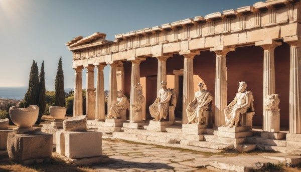 sitting,outdoors,sky,day,water,tree,no humans,scenery,bowl,robe,ruins,pillar,statue,column,cloud,blue sky,ocean,sunlight,plant,sun,horizon,bush