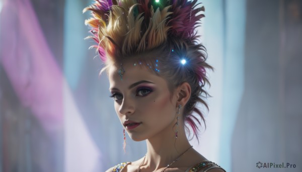 1girl,solo,looking at viewer,smile,short hair,blonde hair,hair ornament,jewelry,green eyes,collarbone,pink hair,multicolored hair,earrings,parted lips,teeth,necklace,mole,blurry,lips,eyelashes,mole under eye,makeup,depth of field,blurry background,feathers,lipstick,gem,portrait,eyeshadow,realistic,nose,red lips,eyeliner,mascara,blue eyes,brown hair,hair flower,sparkle,beads,feather hair ornament