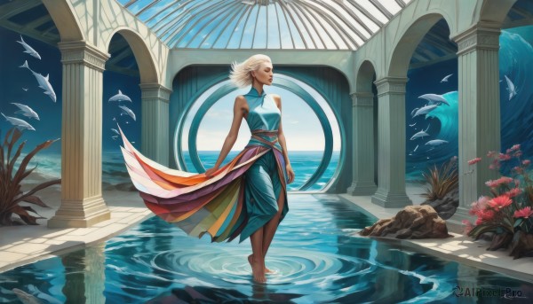 1girl,solo,short hair,blonde hair,dress,bare shoulders,jewelry,standing,closed eyes,white hair,earrings,barefoot,sleeveless,artist name,signature,dark skin,water,dark-skinned female,sash,tattoo,profile,blue dress,bird,scenery,wading,reflection,fish,walking,ripples,pillar,arch,column,breasts,full body,flower,sky,day,pointy ears,lips,bare arms,makeup,ocean,animal,plant,rock,arms at sides,ruins,facial tattoo,standing on liquid,caustics