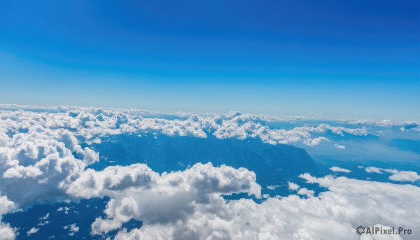 monochrome,outdoors,sky,day,cloud,blue sky,no humans,cloudy sky,nature,scenery,blue theme,mountain,horizon,landscape,above clouds,bird,ocean