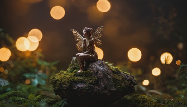 1girl,solo,short hair,black hair,dress,bare shoulders,jewelry,sitting,closed mouth,closed eyes,outdoors,wings,barefoot,pointy ears,dark skin,hair bun,blurry,from side,dark-skinned female,tree,profile,depth of field,blurry background,single hair bun,grass,plant,nature,scenery,rock,fairy wings,fairy,wide shot,bokeh,sitting on rock,leaf,antennae,butterfly wings,moss