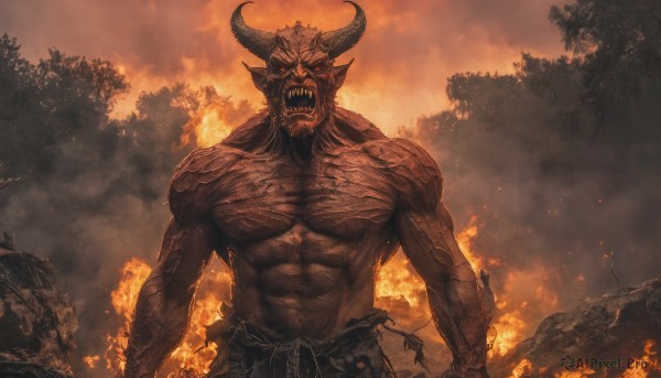 solo,looking at viewer,open mouth,red eyes,1boy,male focus,outdoors,horns,teeth,pointy ears,tree,muscular,glowing,colored skin,fangs,abs,fire,sharp teeth,muscular male,nature,glowing eyes,forest,veins,topless male,monster,giant,red skin,demon,embers,burning,molten rock,sky,torn clothes,scar,smoke,demon boy,tusks