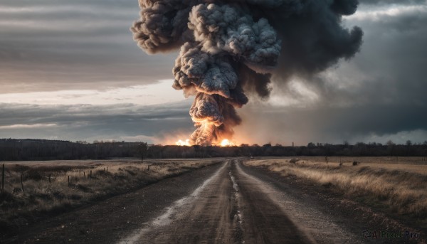 flower,outdoors,sky,cloud,tree,no humans,sunlight,cloudy sky,grass,scenery,sunset,light rays,realistic,sun,road,field,fire,smoke,monster,landscape,burning