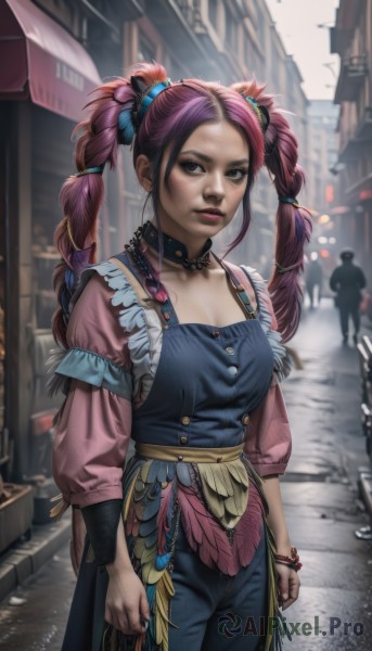 1girl,solo,long hair,breasts,looking at viewer,shirt,hair ornament,long sleeves,dress,cleavage,twintails,jewelry,medium breasts,closed mouth,standing,collarbone,pink hair,purple hair,braid,multicolored hair,cowboy shot,outdoors,frills,solo focus,choker,day,puffy sleeves,pants,necklace,blurry,black eyes,collar,bracelet,two-tone hair,lips,makeup,blurry background,feathers,denim,lipstick,building,forehead,eyeshadow,clenched hands,beads,pink lips,city,realistic,nose,hair tie,road,eyeliner,street,mascara,artist name,signature,bag,apron,twin braids,blue shirt,blouse,freckles