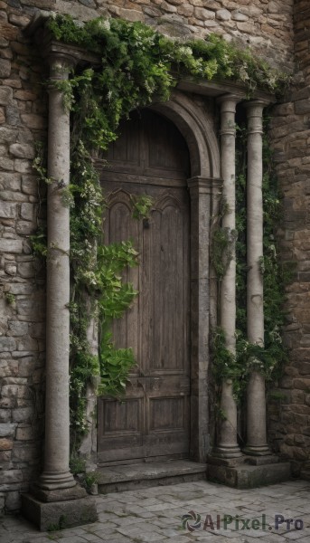 outdoors,day,no humans,leaf,plant,scenery,stairs,wall,ruins,vines,pillar,arch,moss,overgrown,column,stone floor,tree,door,bush,architecture,brick wall,gate,pavement,stone wall,brick floor,ivy