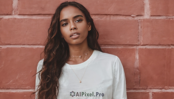 1girl,solo,long hair,looking at viewer,brown hair,shirt,brown eyes,jewelry,white shirt,upper body,earrings,parted lips,teeth,dark skin,necklace,dark-skinned female,lips,head tilt,wavy hair,curly hair,realistic,nose,against wall,wall,brick wall,makeup,thick eyebrows