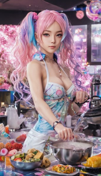 1girl,solo,long hair,breasts,looking at viewer,bangs,large breasts,hair ornament,holding,cleavage,bare shoulders,twintails,jewelry,medium breasts,closed mouth,blue hair,standing,collarbone,pink hair,flower,multicolored hair,cowboy shot,earrings,food,sleeveless,pants,artist name,indoors,necklace,nail polish,blurry,apron,bracelet,two-tone hair,lips,fingernails,parted bangs,grey eyes,petals,sparkle,makeup,fruit,depth of field,blurry background,wavy hair,floral print,scrunchie,knife,cherry blossoms,steam,pink nails,camisole,plate,hair scrunchie,bowl,pink lips,glint,realistic,spoon,nose,apple,cherry,cooking,kitchen,frying pan,shrimp,stove,cutting board,upper body,mole,eyelashes,watermark,expressionless,ring,web address,mole on breast,kettle